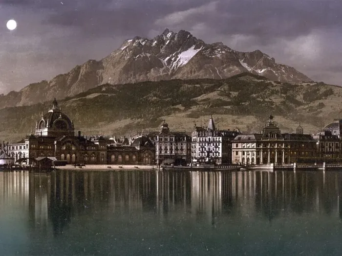 Framed Print : Railway station and Pilatus in the moonlight Framed Print : Railway station and Pilatus in the moonlight