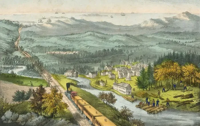 Framed Print : Railway, Steam locomotive, Track building to the Pacific