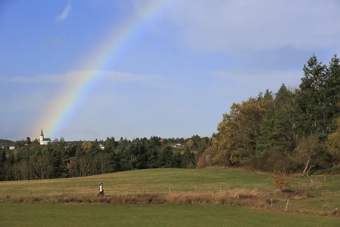 Framed Print : Rainbow over field and woodland near Eschweiler