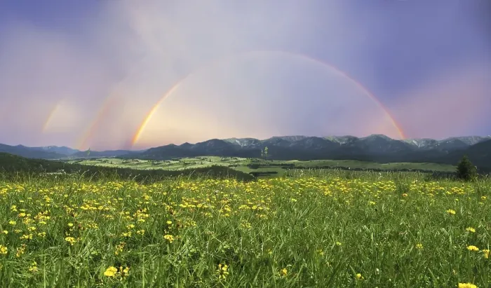 Framed Print : Rainbow over a landscape with a meadow and mountains Framed Print : Rainbow over a landscape with a meadow and mountains