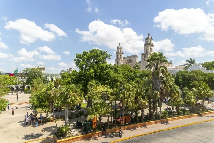 Framed Print : Raised view of cathedral church over Plaza Grande in city centre Framed Print : Raised view of cathedral church over Plaza Grande in city centre