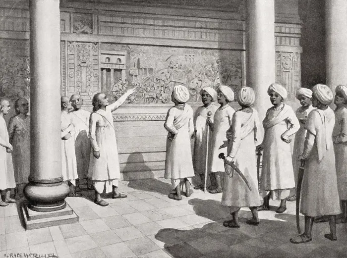 Framed Print : Rajaraja Chola I inspects bas relief of exploits Brihadeeswarar Temple, Tamil Nadu