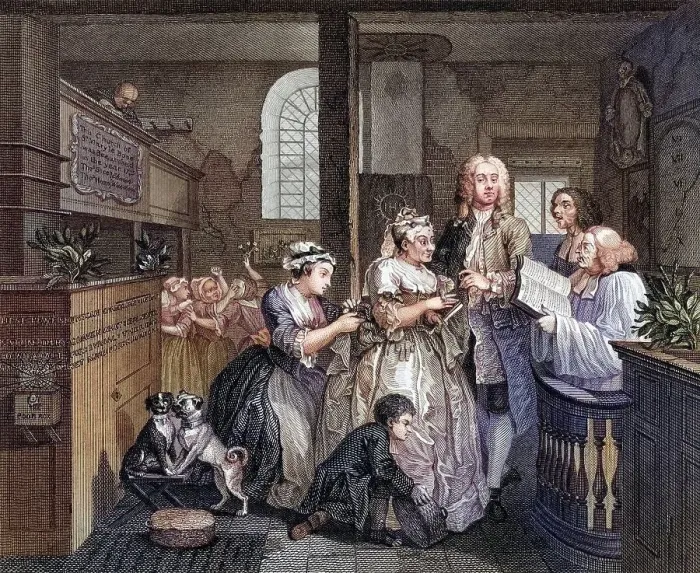 Framed Print : The Rakes Progress Marries an old maid From an original picture by Hogarth from The Works of Hogarth published London