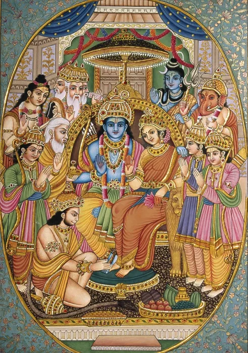 Framed Print : Ram-Darbar With Other Gods Miniature Painting on Paper