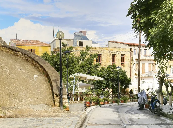 Framed Print : Ramp leading up the Schiavo Bastion in Chania in Crete and road leading downhill into town Framed Print : Ramp leading up the Schiavo Bastion in Chania in Crete and road leading downhill into town