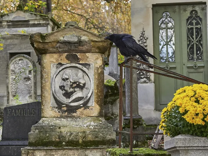 Framed Print : A raven in front of a tomb, Pere Lachaise Cemetery Paris