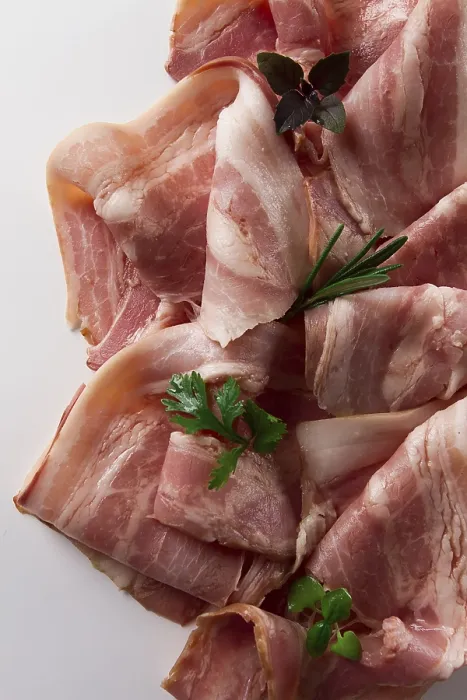 Framed Print : Raw bacon, sliced, with micro greenery and spices