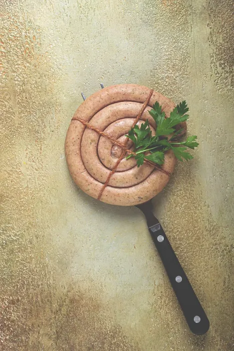 Framed Print : Raw spiral sausages on the table