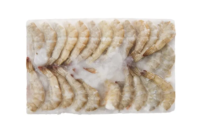 Framed Print : Raw tiger shrimp frozen in large ice cube isolated on white background