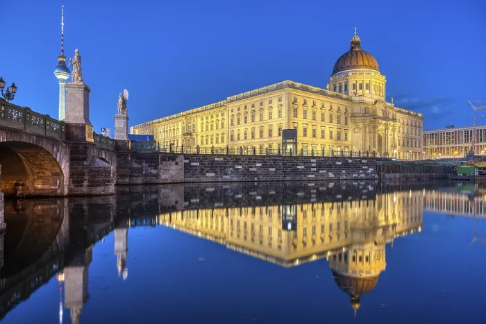 Framed Print : The rebuilt Berlin City Palace with the TV Tower at dusk