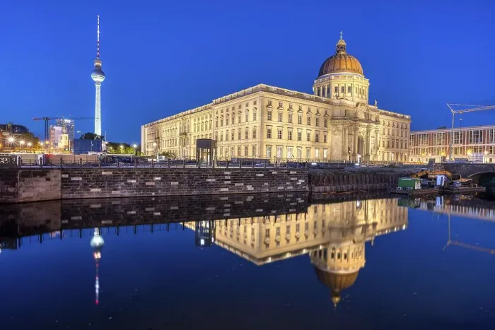Framed Print : The rebuilt Berlin City Palace and the TV Tower by night