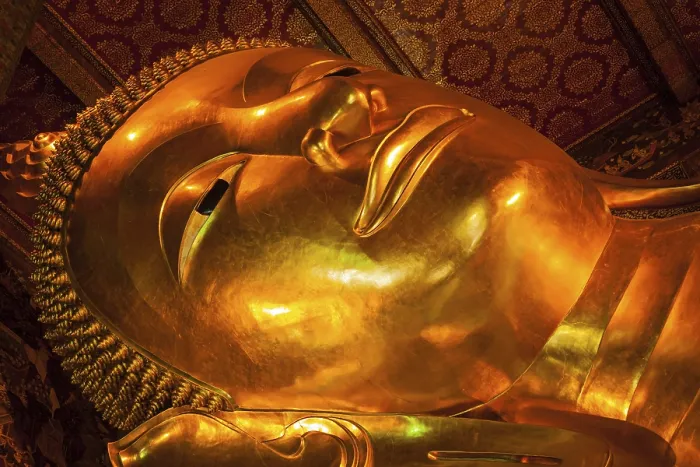 Framed Print : Reclining Buddha gold statue face close up Framed Print : Reclining Buddha gold statue face close up