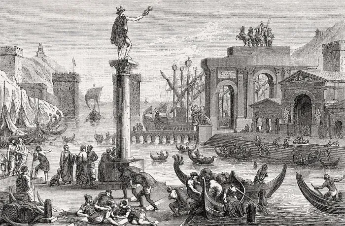 Framed Print : A reconstructed harbour city of ancient Rome Framed Print : A reconstructed harbour city of ancient Rome