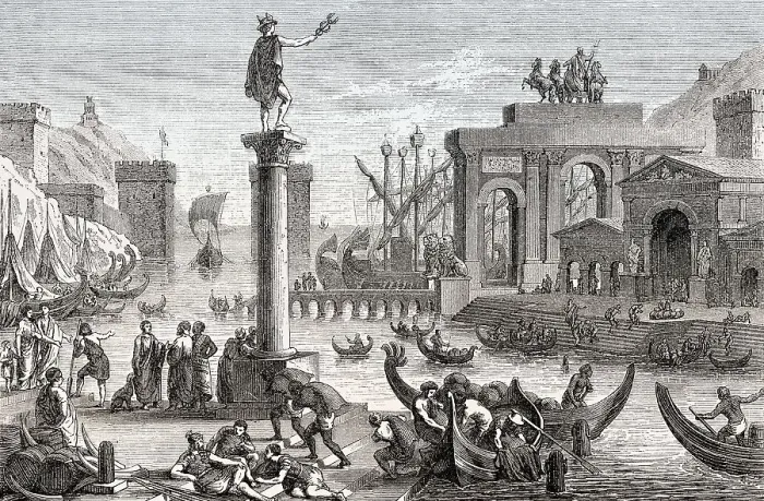 Framed Print : A reconstructed harbour city of ancient Rome