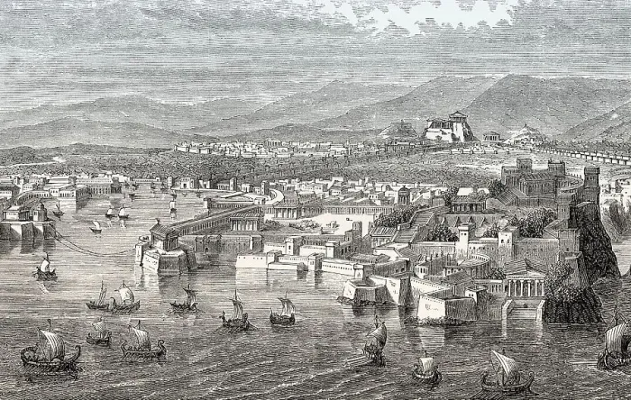 Framed Print : Reconstruction of the Long Walls connecting Athens to its port at Piraeus in ancient Greece