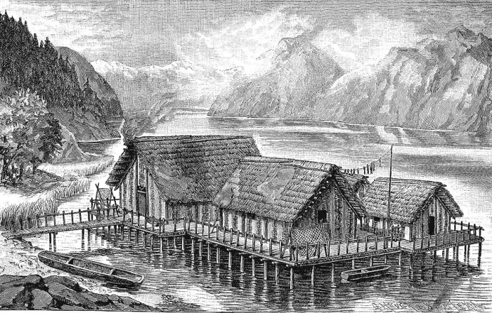Framed Print : Reconstruction of a pile dwelling settlement Framed Print : Reconstruction of a pile dwelling settlement