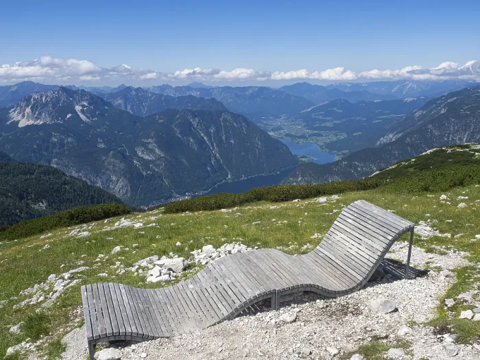 Framed Print : Recreation bench, Krippenstein with view of Lake Hallstattersee