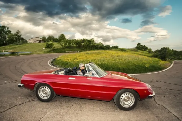 Framed Print : Red Alfa Spider 2000, convertible on winding road