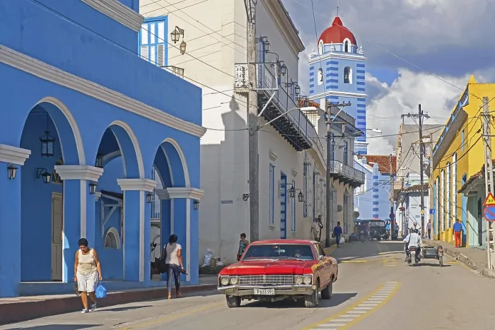 Framed Print : Red American classic car and bell tower of the Parroquial Mayor Framed Print : Red American classic car and bell tower of the Parroquial Mayor