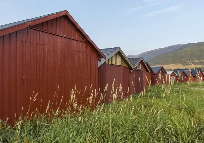 Framed Print : Red boathouses, Norway, Europe