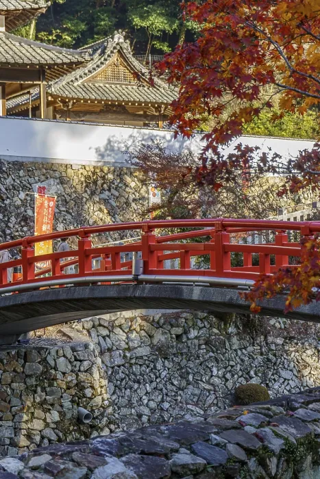 Framed Print : Red bridge between orange autumn leaves in a traditional Japanese garden