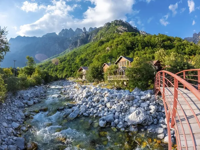 Framed Print : Red bridge along the river of Valbona Valley Framed Print : Red bridge along the river of Valbona Valley