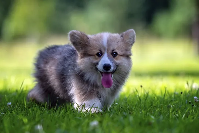 Framed Print : Red dog welsh corgi pembroke puppy running in the green grass