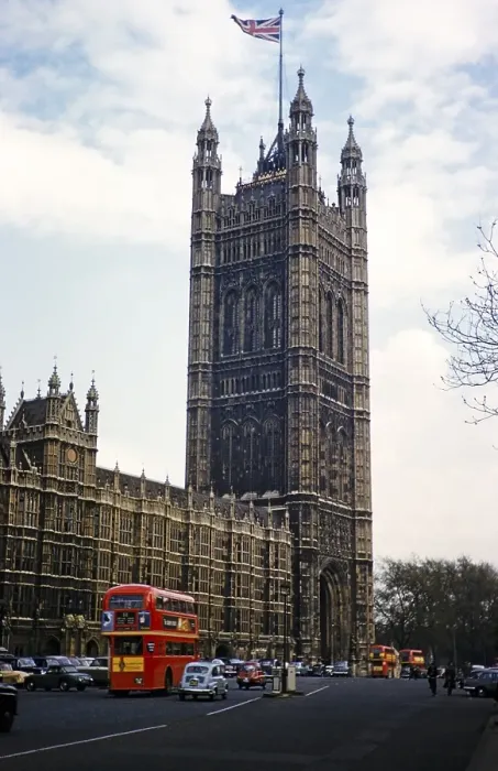 Framed Print : Red double-decker buses drive past the church of Westminster Abbey, London, England, UK 1962