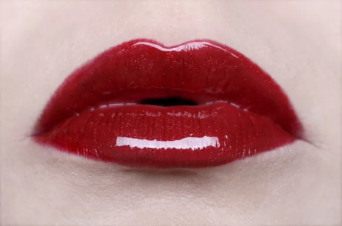 Framed Print : Red lips slightly open