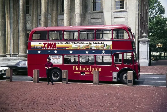 Framed Print : Red London double-decker bus, used for city tours, Philadelphia, Pennsylvania, USA, 1976, North America Framed Print : Red London double-decker bus, used for city tours, Philadelphia, Pennsylvania, USA, 1976, North America
