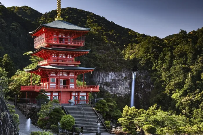 Framed Print : Red pagoda in front of Nachi Waterfall in the green forest of Seiganto-ji