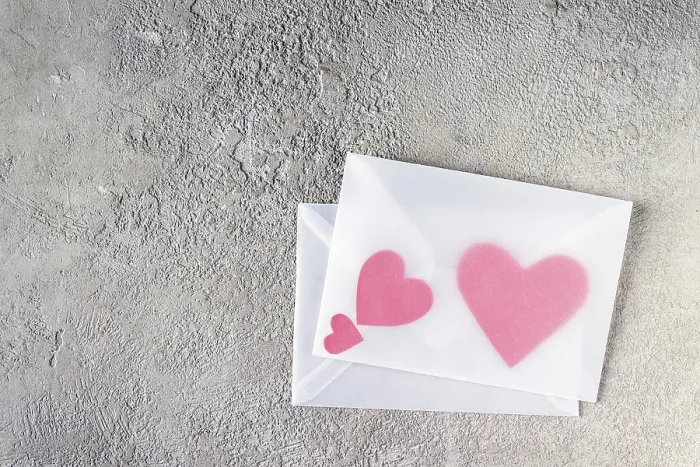 Framed Print : Red paper hearts inside transparent envelope on gray plaster