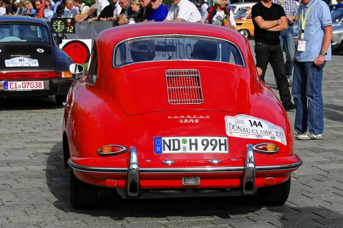 Framed Print : Red Porsche from behind, lots of people and vehicles at a classic car rally Framed Print : Red Porsche from behind, lots of people and vehicles at a classic car rally