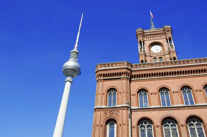 Framed Print : Red Town Hall and TV Tower in Berlin