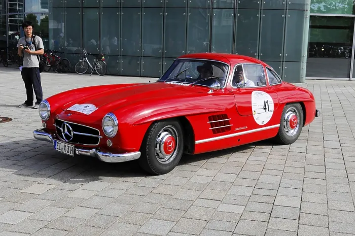 Framed Print : Red vintage Mercedes car with double doors
