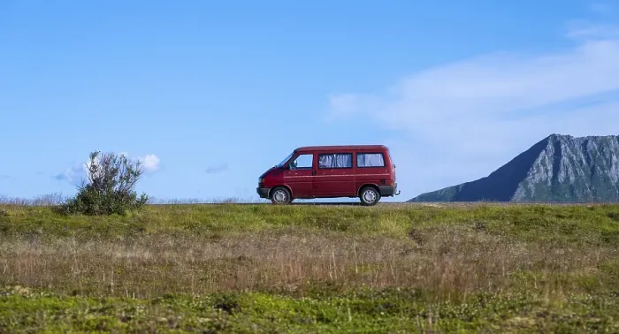 Framed Print : Red VW bus stands in the landscape Framed Print : Red VW bus stands in the landscape