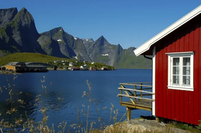 Framed Print : Red wooden house mountains and fjord Hamnoya Moskenesoya Lofoten Norway Framed Print : Red wooden house mountains and fjord Hamnoya Moskenesoya Lofoten Norway