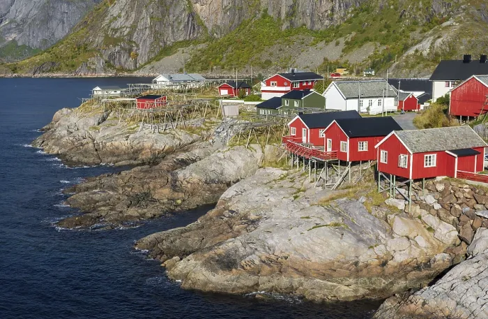 Framed Print : Red wooden houses Rorbu, Rorbu fishermen's cabins
