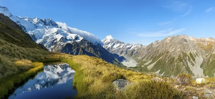 Framed Print : Reflection in mountain lake, view of Hooker Valley with Hooker Lake and Mount Cook
