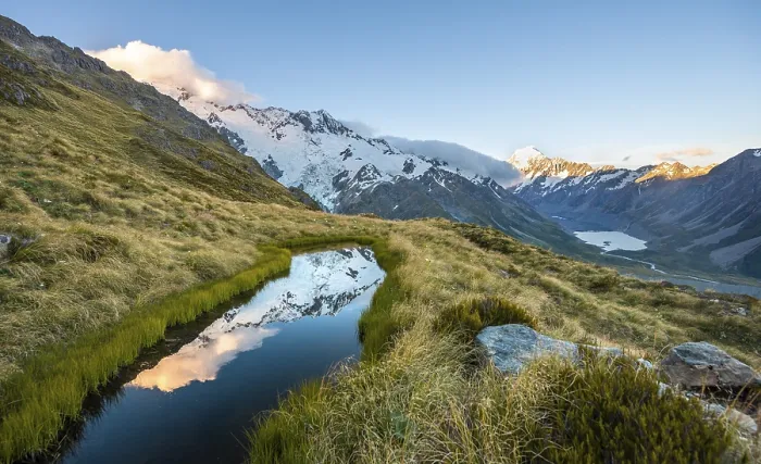 Framed Print : Reflection in mountain lake, view of Hooker Valley with Hooker Lake and Mount Cook