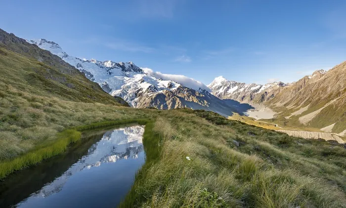 Framed Print : Reflection in mountain lake, view of Hooker Valley with Hooker Lake and Mount Cook Framed Print : Reflection in mountain lake, view of Hooker Valley with Hooker Lake and Mount Cook