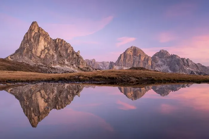 Framed Print : Reflection of the mountains at Passo di Giau