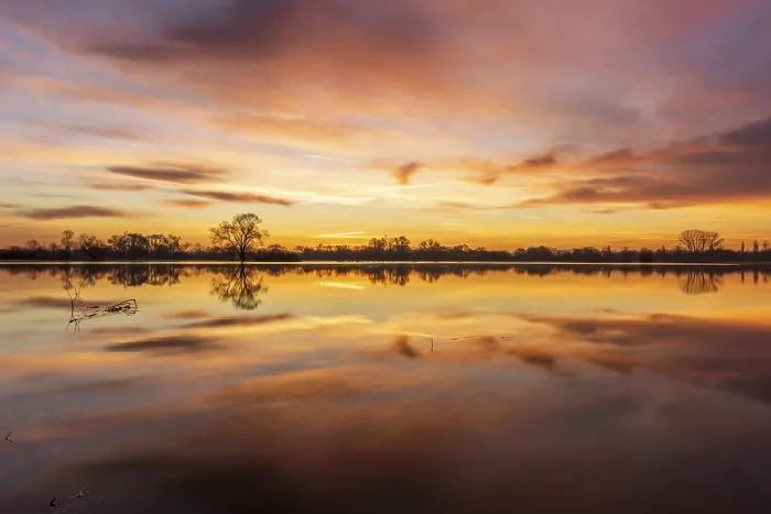 Framed Print : Reflection of the orange sky in the water of the flooded meadow at sunrise