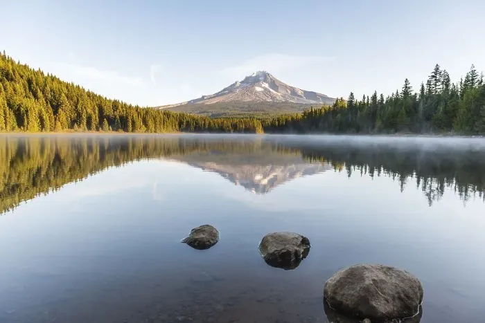 Framed Print : Reflection of the volcano Mt. Hood in Lake Trillium Lake