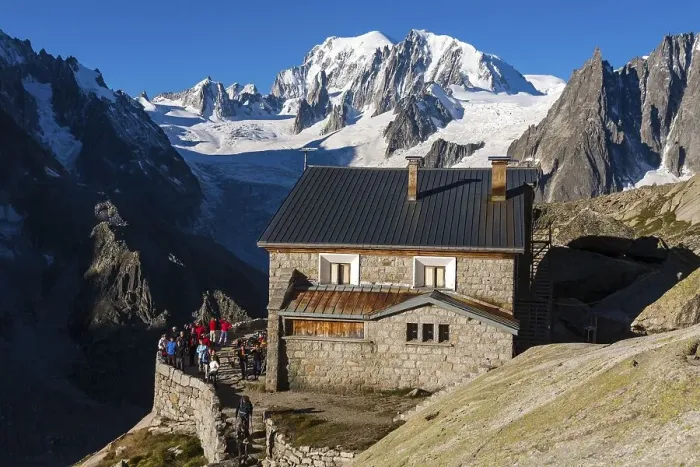 Framed Print : Refuge du Couvercle, Mont Blanc at back