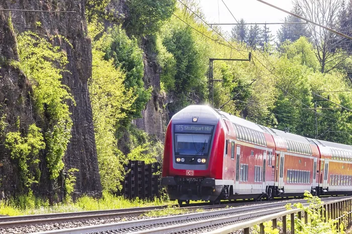 Framed Print : Regional express RE5 en route on the winding railway line of the Geislinger Steige