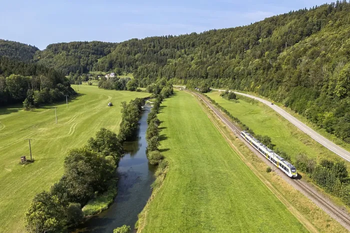 Framed Print : Regional train of the Deutsche Bahn DB Regio of the type Bombardier Talent 2 Aerial view on the Gaubahn in Sulz Framed Print : Regional train of the Deutsche Bahn DB Regio of the type Bombardier Talent 2 Aerial view on the Gaubahn in Sulz