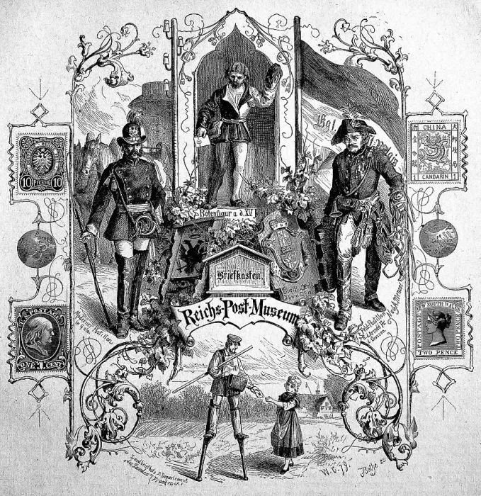 Framed Print : The Reichspostmuseum in Berlin with historical stamps and costumes