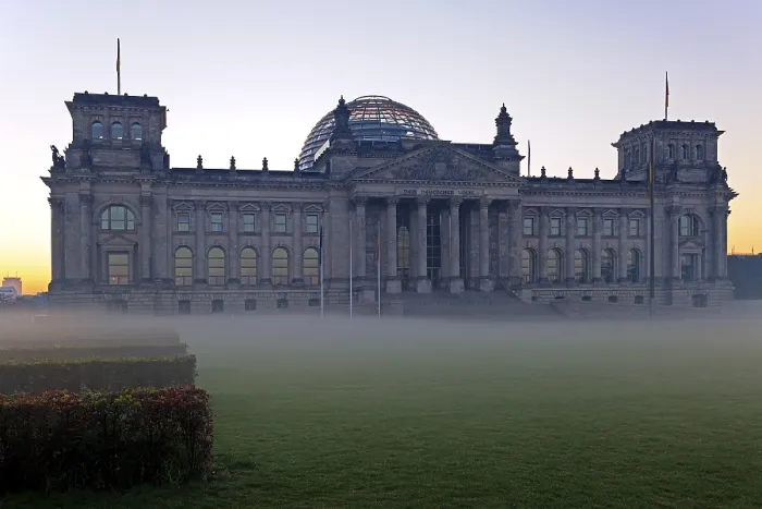 Framed Print : Reichstag Building at dawn with ground fog and backlighting Framed Print : Reichstag Building at dawn with ground fog and backlighting