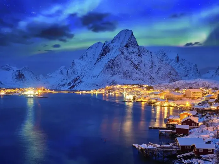 Framed Print : Reine village illuminated at night with Aurora Borealis Framed Print : Reine village illuminated at night with Aurora Borealis